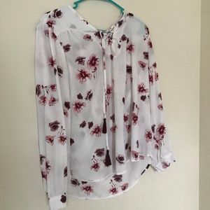 Faded Glory Floral Long Sleeve Blouse with Tassels